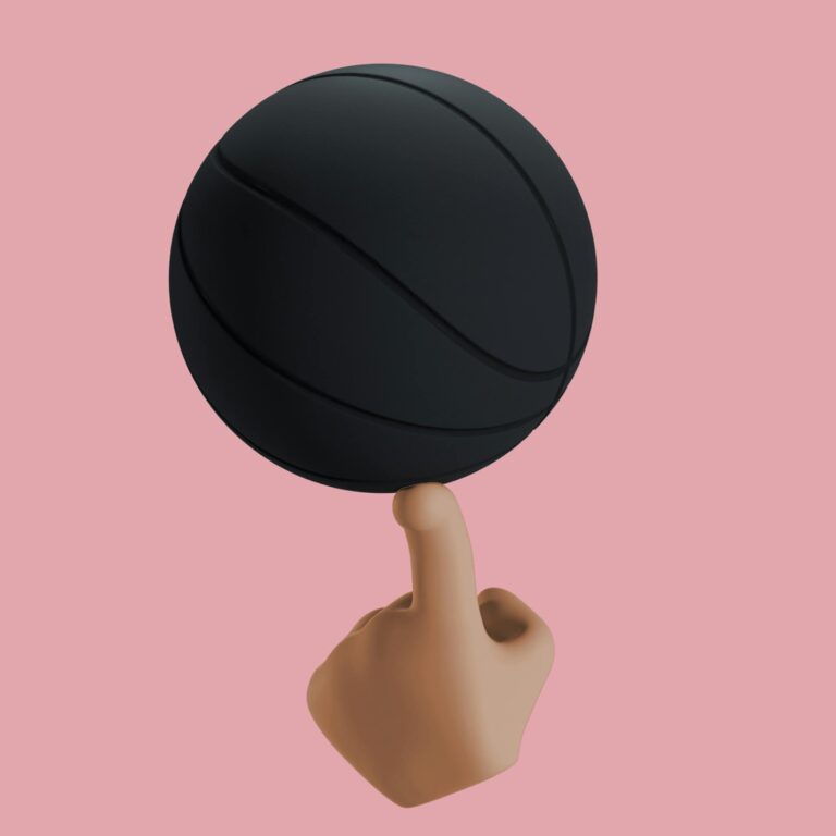 A digital illustration of a 3D black ball balancing on a fingertip against a pink background.